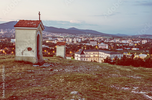 Calvary in Nitra with Zobor, Slovakia, red filter photo