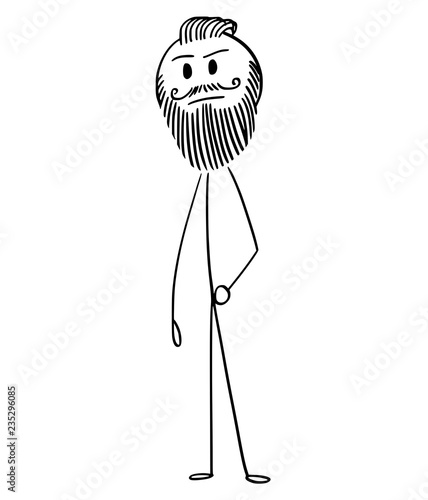 Cartoon stick drawing conceptual illustration of trendy fashionable hipster man with full beard and mustache or facial hear.