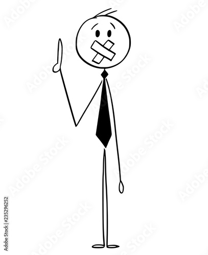 Cartoon stick drawing conceptual illustration of man or businessman who is speaking too much and his mouth is taped over by tape. Metaphor of censorship or censoring.