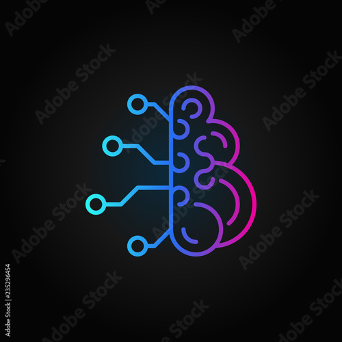 Digital brain outline colored vector icon. Tech mind concept linear bright symbol or design element on dark background