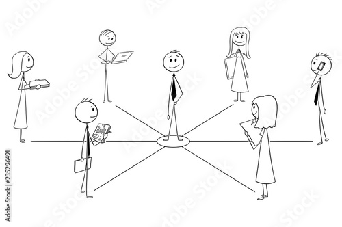 Cartoon stick man drawing conceptual illustration of businessmen and businesswomen connected with manager or leader. Business metaphor of teamwork and leadership.