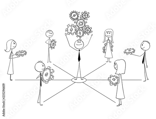 Cartoon stick man drawing conceptual illustration of businessmen and businesswomen working together with manager or leader. Business metaphor of success, teamwork and leadership.