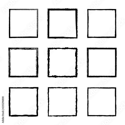 Set of vector square frames drawn by black ink brushes. Ink texture