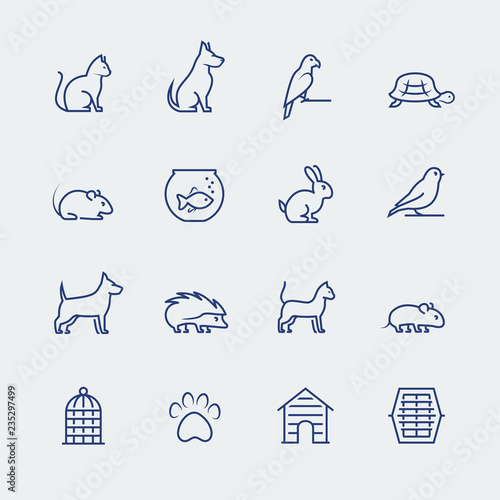 Pets related icon set in thin line style