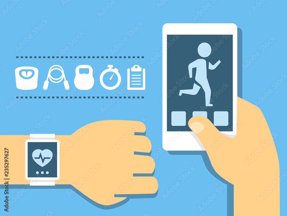 Vector fitness app on the screen of smartphone and tracker on the wrist in flat style Vector fitness app on the screen of smartphone and tracker on the wrist in flat style