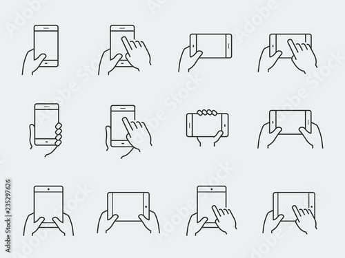 Icon set of hands holding smartphone and tablet
