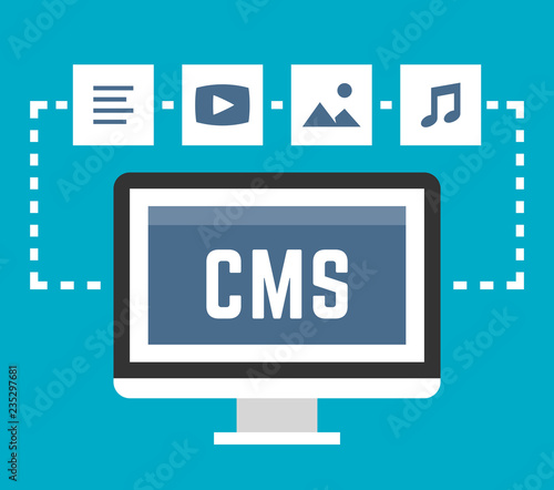 CMS concept on blue background, vector illustration