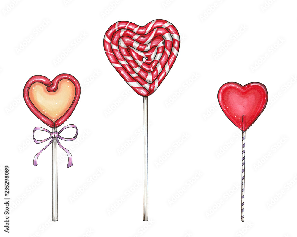 illustration with set of lollipops in the form of hearts for St. Valentine's Day