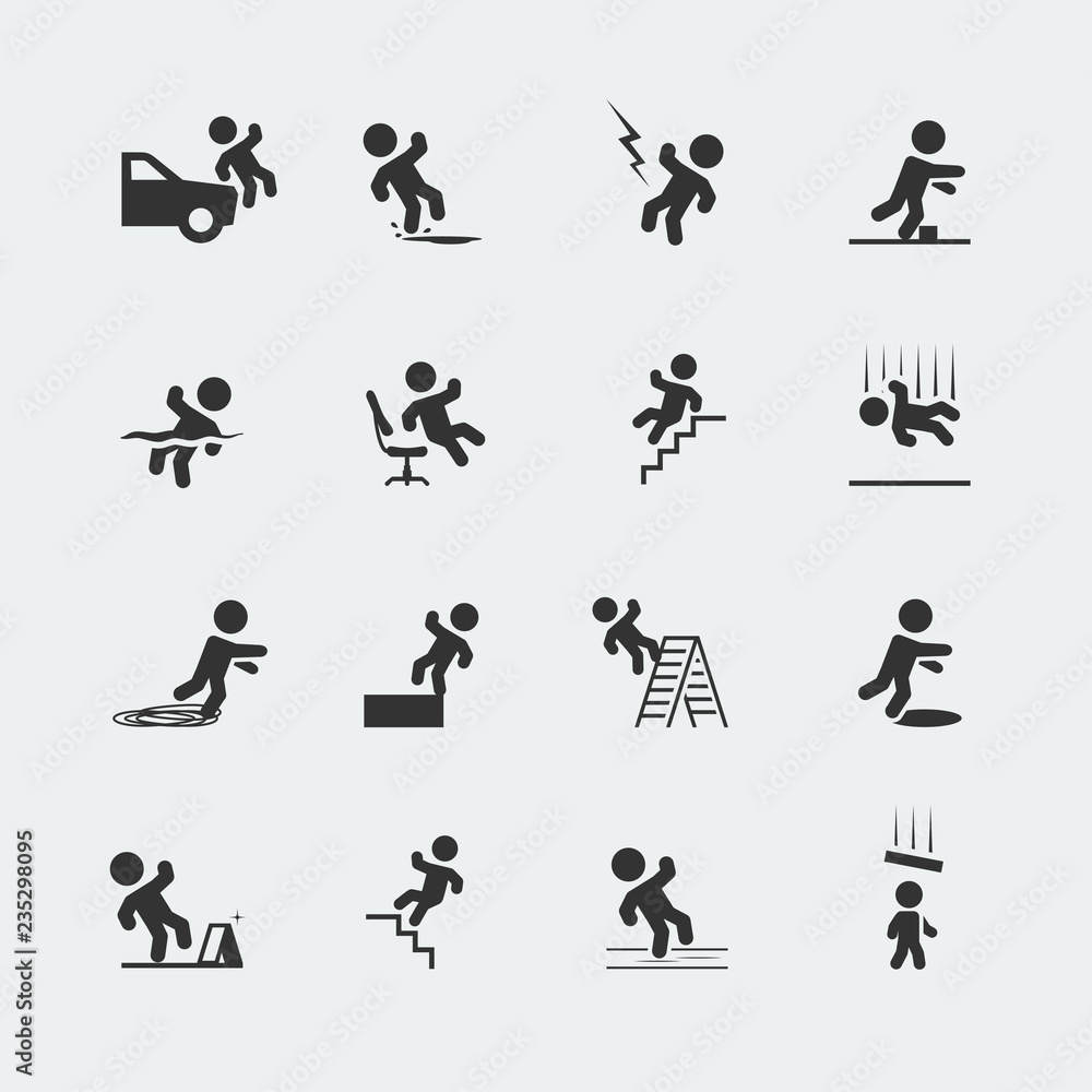 Signs showing a stick figure man and various forms of trips, slips, and falls