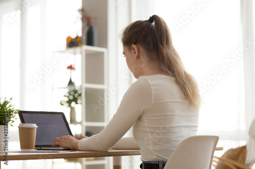 Back view of focused girl sitting at home office desk working at laptop  serious young female typing messaging at computer  studying or preparing report  millennial woman freelancer busy using pc