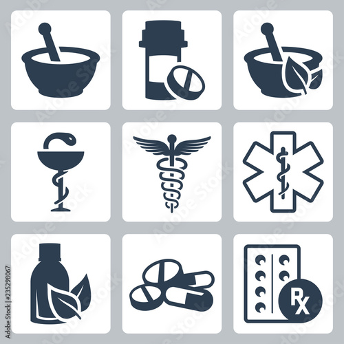 Pharmacy, medicine vector icon set