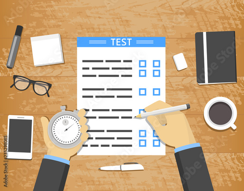 Self-assessment concept - hands holding stopwatch and pencil over test blank on wooden desk with office objects around, flat design illustration
