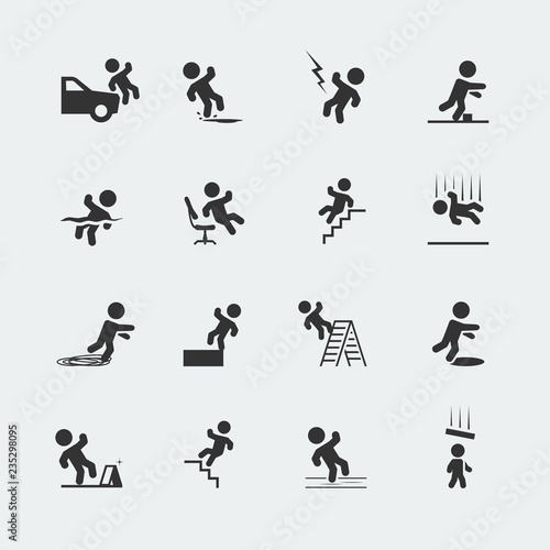 Signs showing a stick figure man and various forms of trips, slips, and falls
