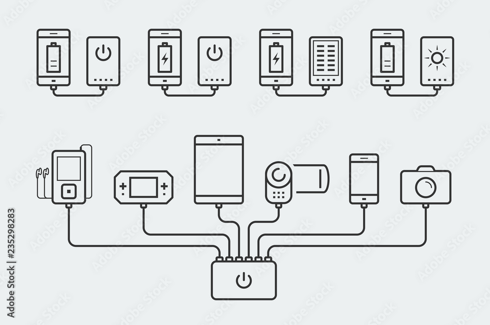 Smartphone, tablet, console, player, camera and camcorder charged by an powerbank in thin line style Smartphone, tablet, console, player, camera and camcorder charged by an powerbank in thin line style
