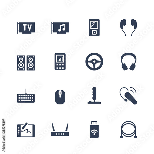 Electronics and gadgets icon set: TV tuner, audio card, mp4 player, headphones, audio system, recorder, game wheel, keyboard, mouse, joystick, headset, graphics tablet, router, usb modem, cables