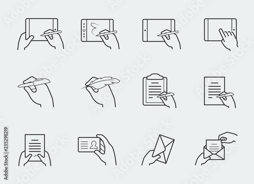 Thin line icon set of hands holding and interacting with objects