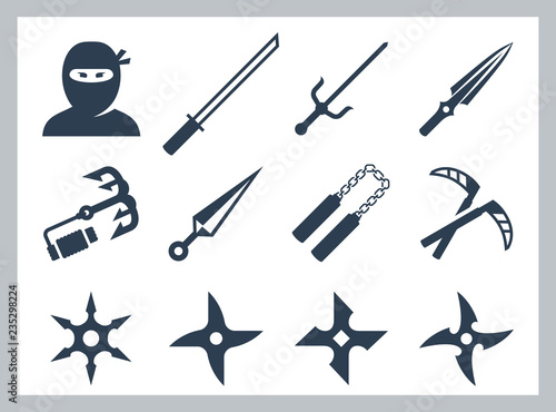 Ninja and ninja weapons vector icon set