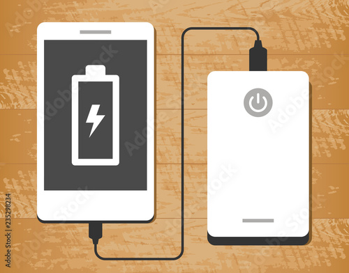 Vector illustration of power bank charging a smartphone on wooden desk