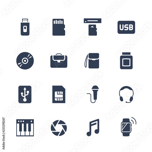 Electronics and gadgets icon set: flash drive, memory card, card reader, usb hdd, cd, laptop bag, camera bag, toner, sim card, microphone, headset, synthesizer, shutter, smart watch