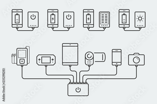Smartphone, tablet, console, player, camera and camcorder charged by an powerbank in thin line style