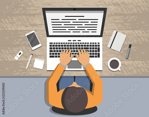 Office workplace. Business woman working with laptop and documents on table, top view. Flat design cartoon style