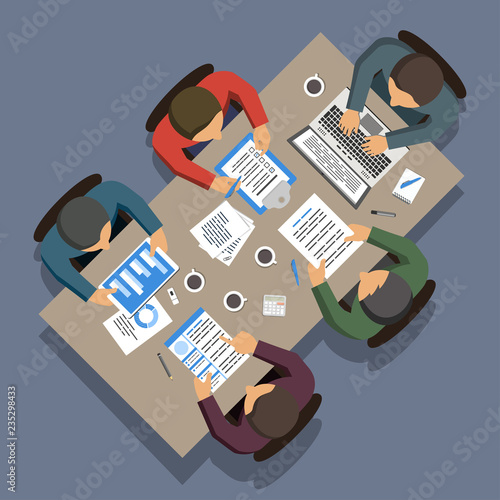 Group of business people working at square office table, top view