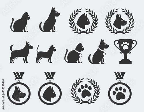 Cat and dog competition and awards vector icon set