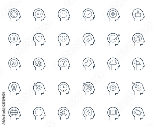 Psychology, brain activity and head related concepts thin line icon set