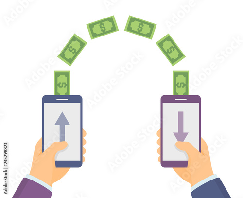 Hands holding smart phones which sending and receiving money wireless, flat design illustration