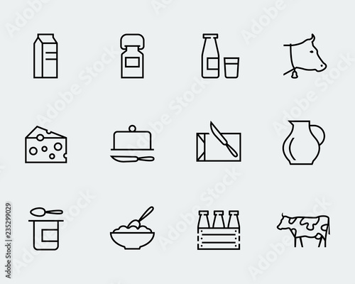 Milk and other dairy products vector icon set in thin line style