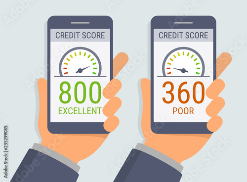 Vector hands holding smartphones with credit score app on the screen in flat style