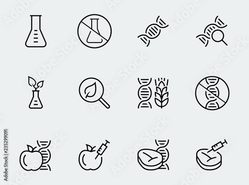 GMO food related vector icon set in thin line style