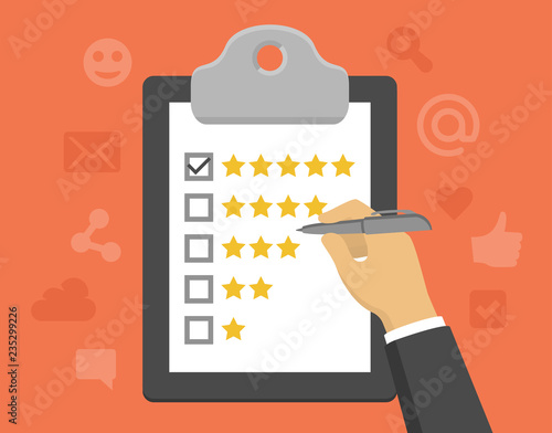 Vector customer feedback concept in flat style - clipboard and hand checking five stars mark on it