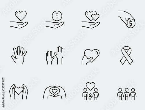 Charity, donation and volunteering icon set in thin line style