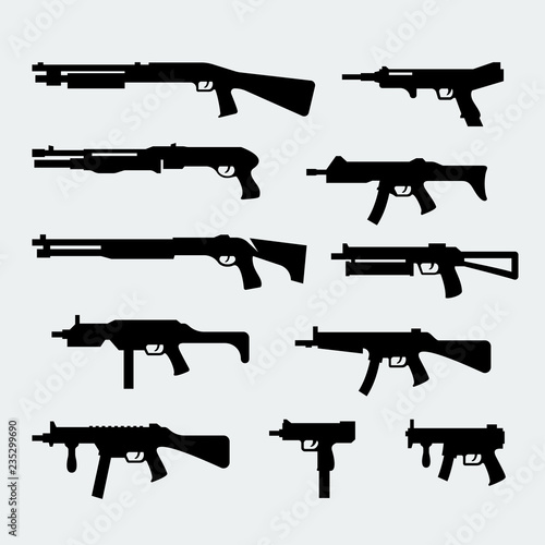 Vector set of silhouettes of modern shotguns and submachine-guns