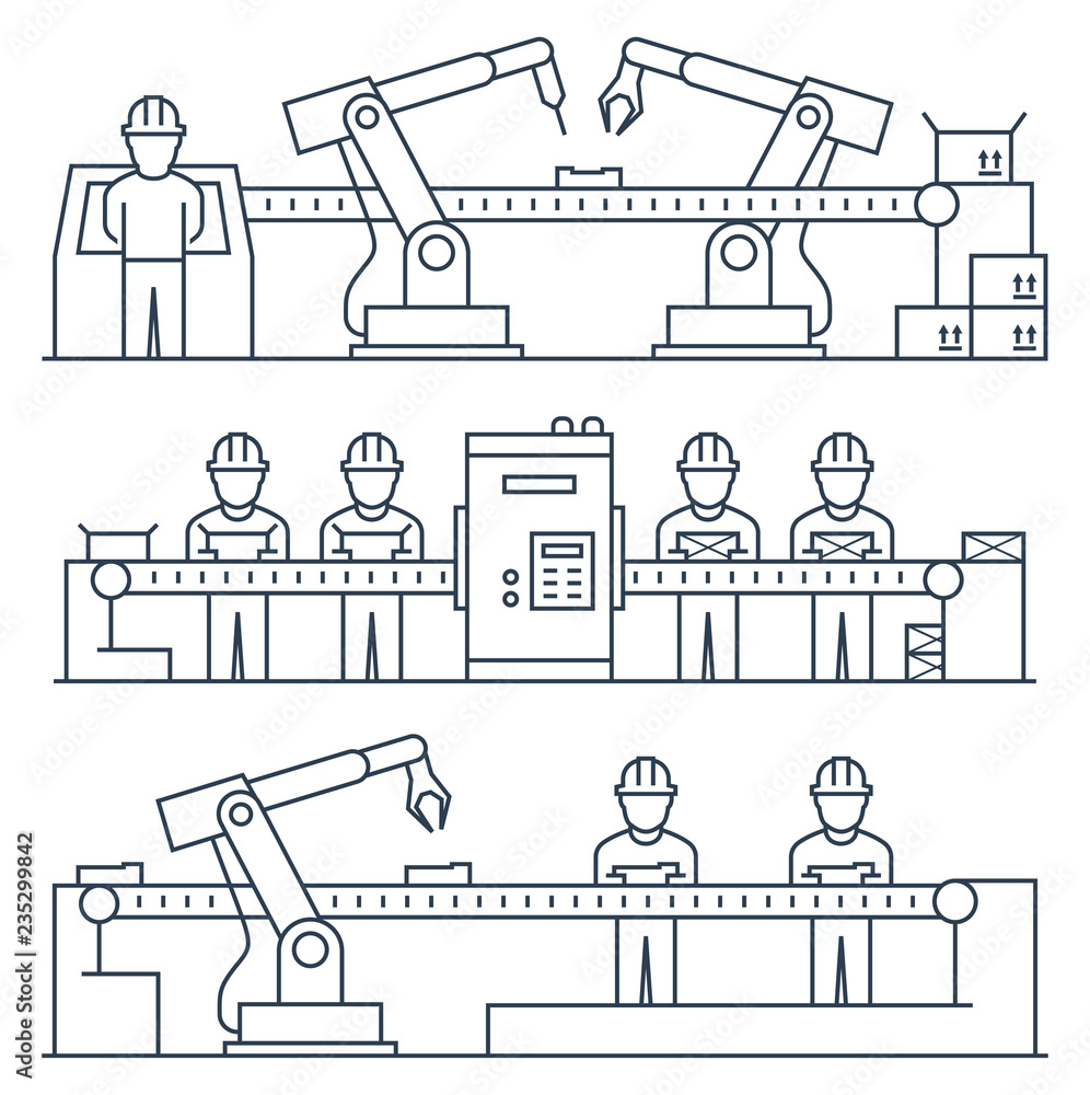 Conveyor belt, workers and industrial manufacturing robot. Vector illustration in thin line style