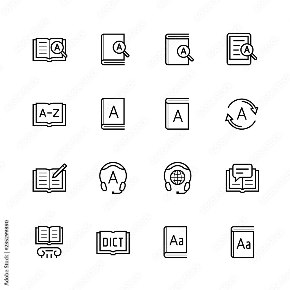 Dictionary, vocabulary book icon set in thin line style Dictionary, vocabulary book icon set in thin line style