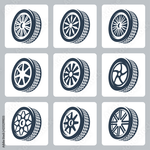 Wheel disks and tires vector icon set