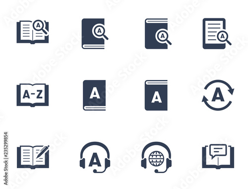 Dictionary and translation related vector icon set
