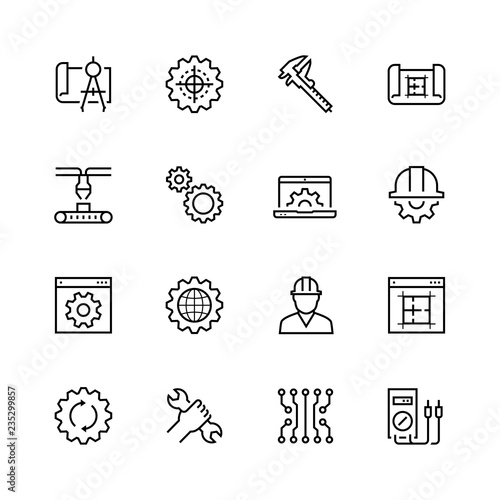 Engineering and manufacturing vector icon set in thin line style