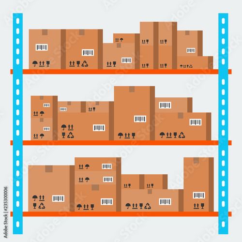 Boxes on shelves. Warehouse concept. Vector flat illustration