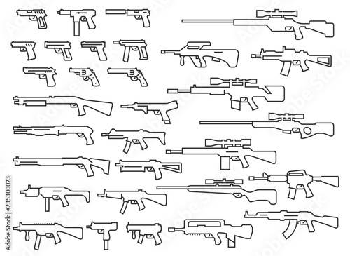 Vector guns, weapons set in thin line style