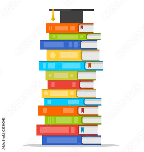 Sheaf of colorful books with square academic cap on top of it. Vector flat design style illustration