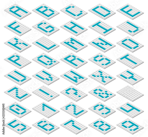 Decorative monospaced font from plastic constructor blocks in isometric style