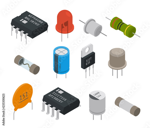 Electronic components icons. Isometric vector illustration
