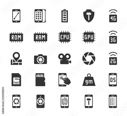 Smartphone parameters icon set: screen dimensions, resolution, ROM and RAM capacity, battery, GPS, camera and video, protection, number of sim cards and other