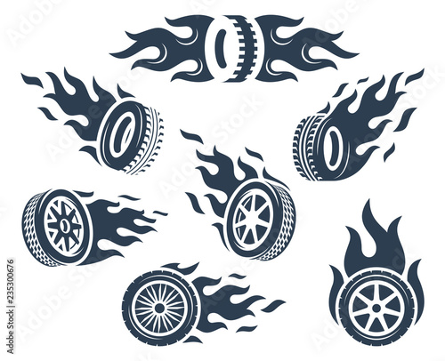 Set of wheels silhouettes with fire flame
