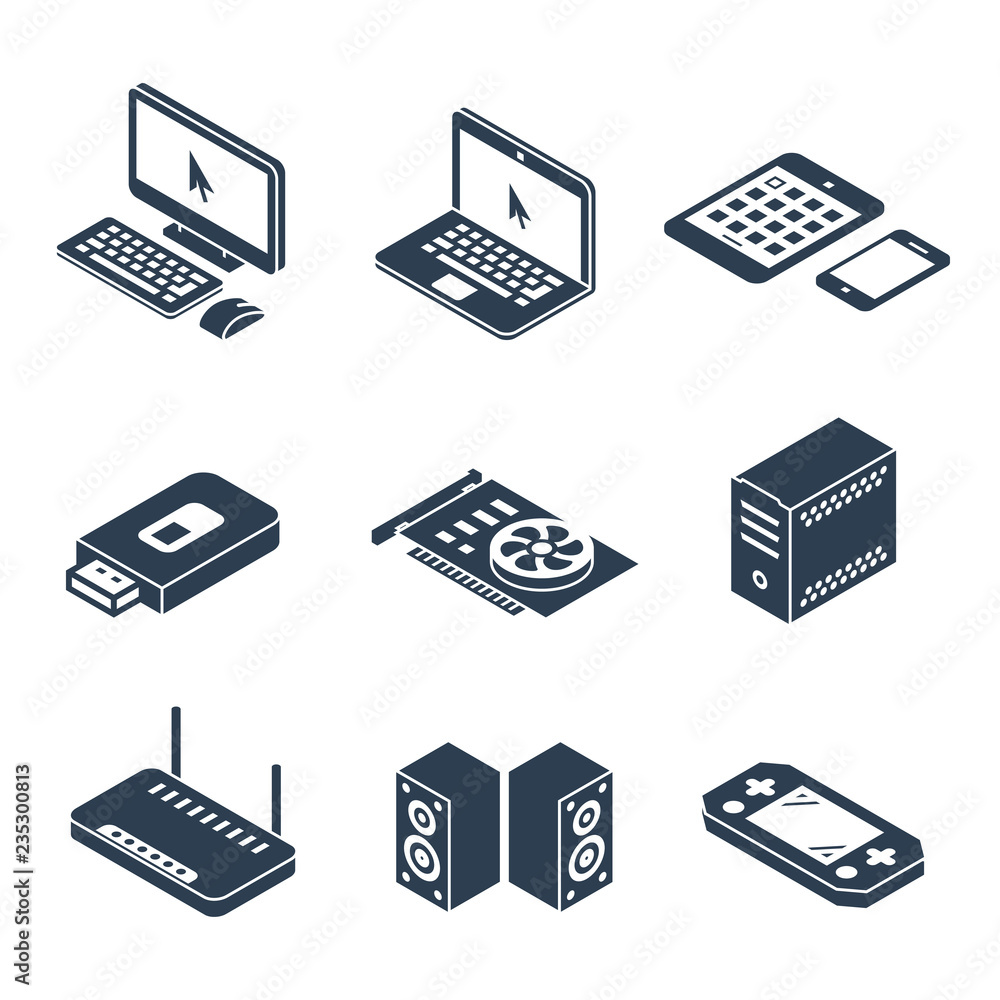 Computer, gadgets and hardware isometric vector icons Computer, gadgets and hardware isometric vector icons