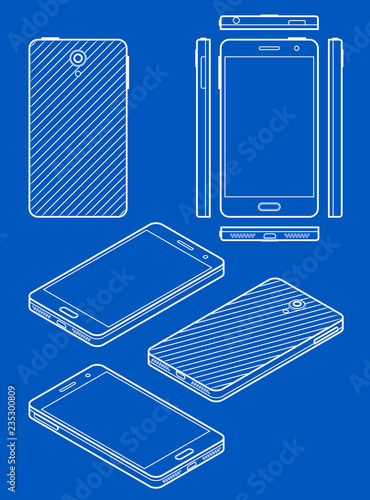 Mobile phone drawing in blueprint style