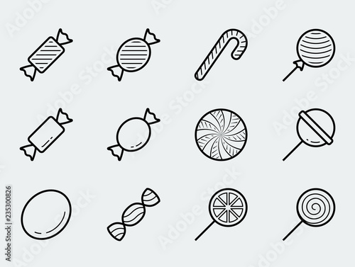 Candy vector icon set in thin line style